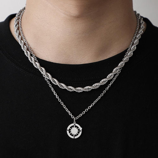 Light luxury niche titanium steel necklace male ins indifferent compass street clavicle chain double tide twist chain