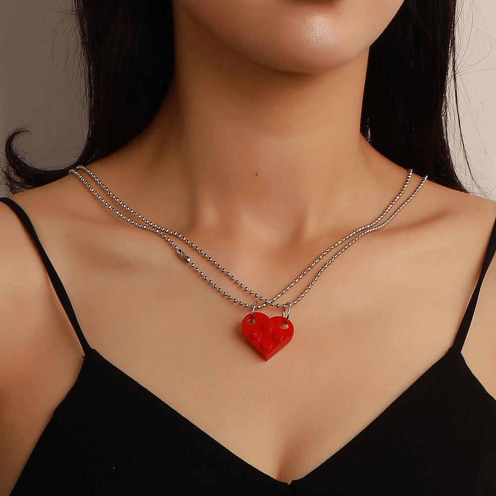 Heart-shaped building block couple necklace ins creative double-layer detachable beaded splicing collarbone chain female