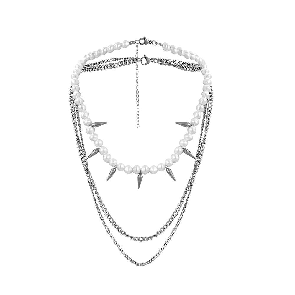 Cold exaggerated trendy stainless steel bullet three-layer pendant titanium steel domineering pearl men's clavicle necklace