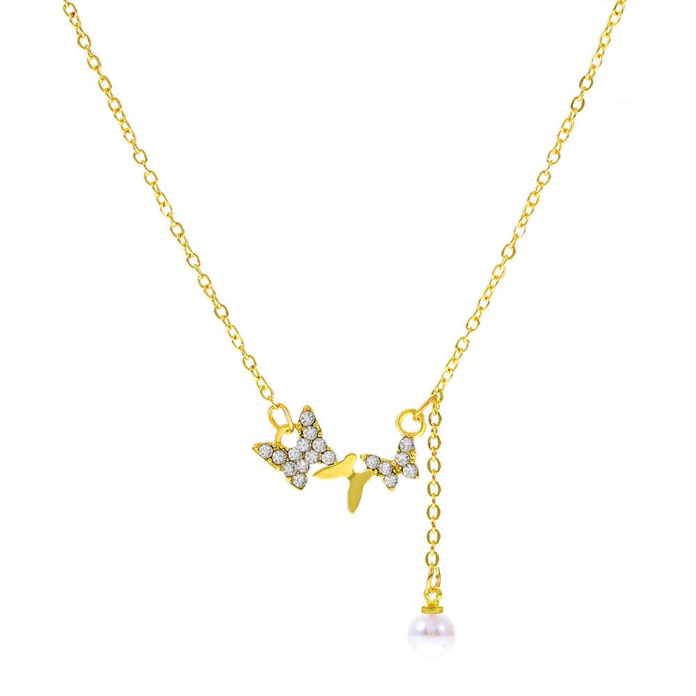 Ins Love Pearl Pull-out Necklace Fashion Light Luxury Niche Design Micro-inlaid Zircon Butterfly Sweater Chain