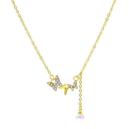 Ins Love Pearl Pull-out Necklace Fashion Light Luxury Niche Design Micro-inlaid Zircon Butterfly Sweater Chain
