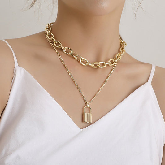 Jewelry Punk Aluminum Alloy Thick Chain Lock Pendant Necklace Ladies Street Retro Double Layer Necklace