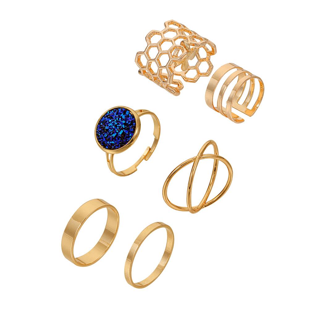 Simple fashion light luxury niche design women's metal sapphire crystal cluster honeycomb bee multi-piece suit ring