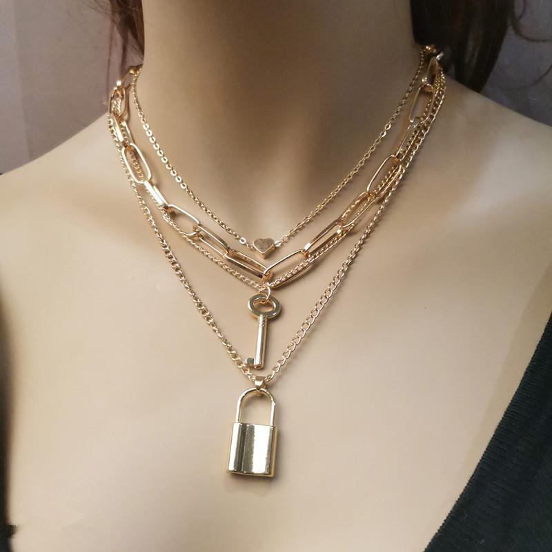 Jewelry Simple Exaggerated Thick Chain Necklace Women's Retro Multi-layer Geometric Lock Heart Necklace