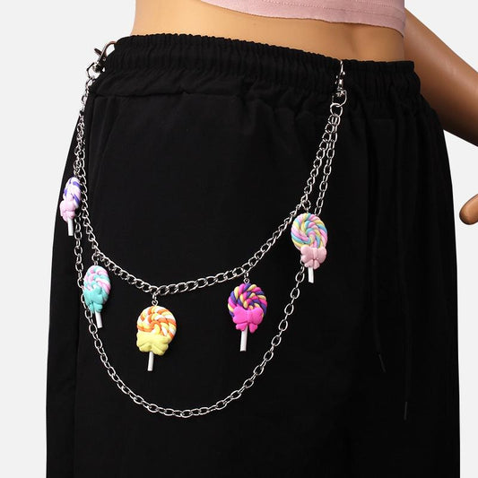 Jewelry sweet and cool color soft pottery lollipop pendant waist chain fashion metal chain double-layer pants chain