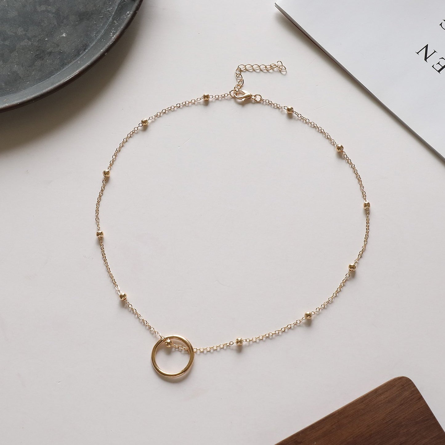 Jewelry Fashion Bead Chain Round Geometric Ring Pendant Necklace Female Fashion Temperament Versatile Necklace