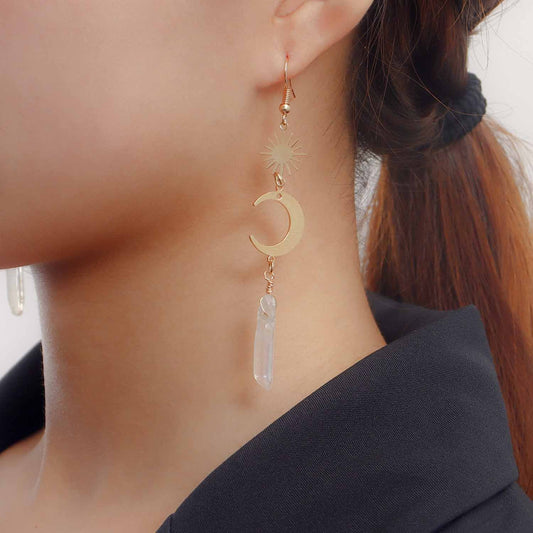 Jewelry retro long tassel transparent semi-precious stone crescent geometric earring female ins hot girl earrings