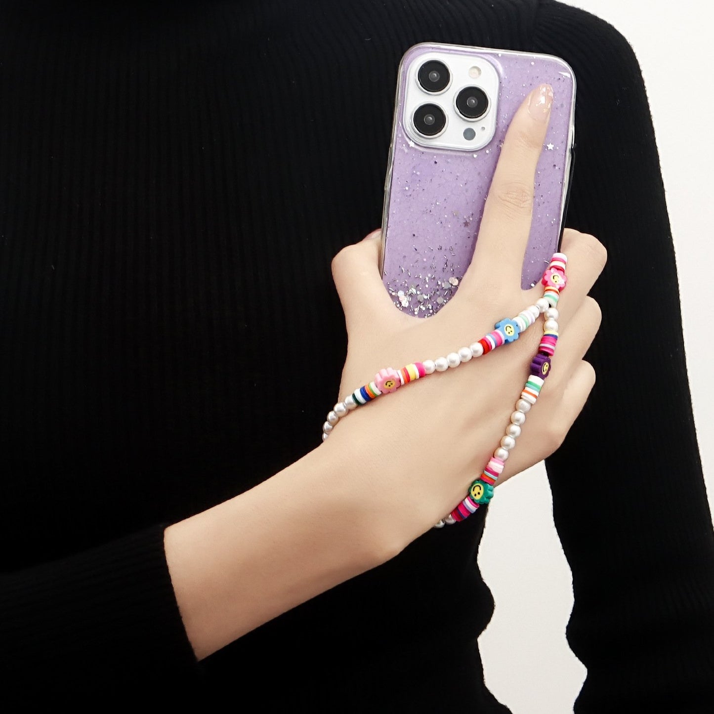 Jewelry ins imitation pearl color soft pottery mobile phone chain beaded pendant anti-lost lanyard accessories