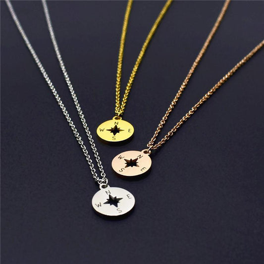 Hot titanium steel vacuum plating 18K gold ins simple hollow compass necklace female clavicle chain