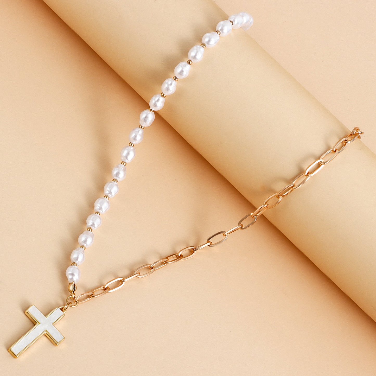 Jewelry simple stitching chain imitation mother-of-pearl cross pendant necklace female cold necklace