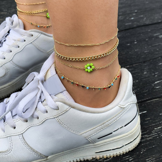 Jewelry Creative Contrasting Color Rice Beads Daisy Flower Anklet Set Geometric Metal Chain Foot Jewelry Female