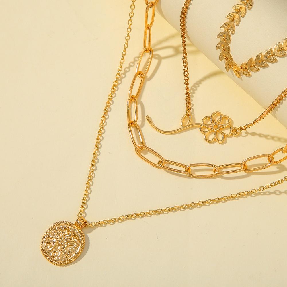 Fashion Metal Wheat Spike Flower Three Layer Necklace Retro Coin Pendant Trend Chain Clavicle Necklace