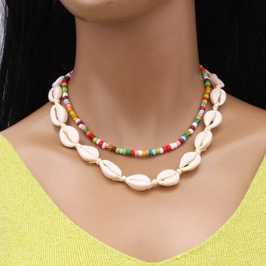 Jewelry Personality Soft Pottery Necklace Shell Combination Handset Chain Ethnic Color Rice Bead Necklace