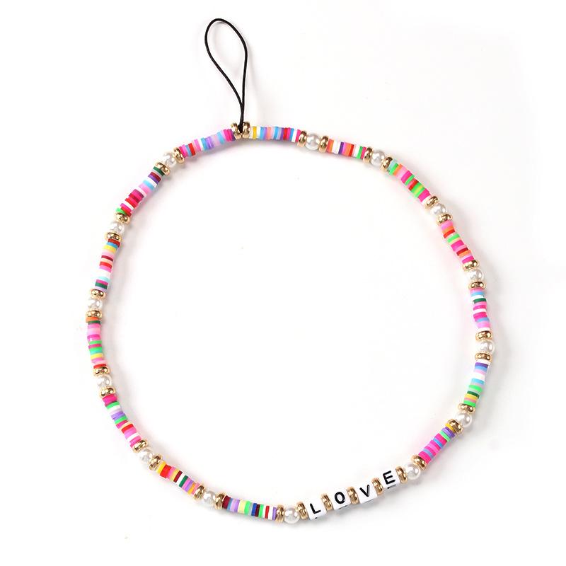 Simple Bohemian soft pottery peach heart mobile phone lanyard mixed color beads mobile phone chain female ornament