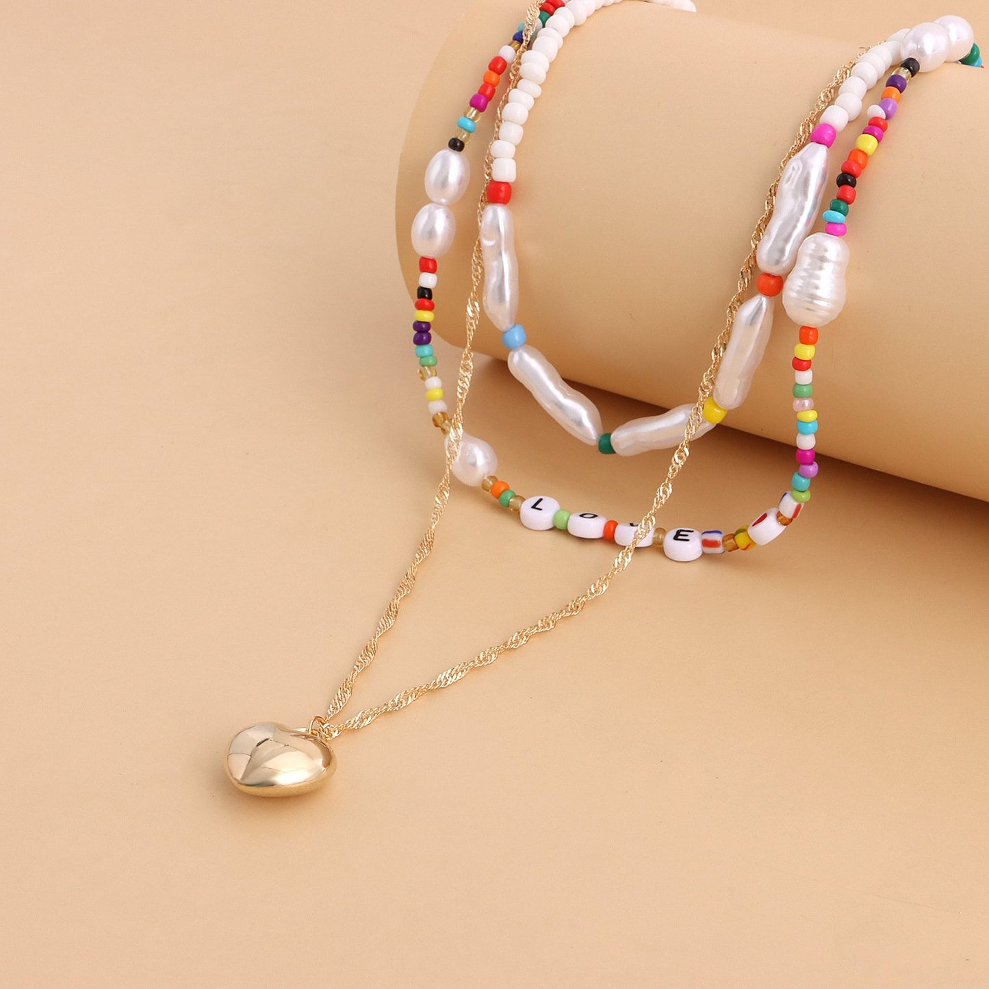 Jewelry multi-layer color rice beads LOVE letter peach heart pendant necklace female niche creative necklace