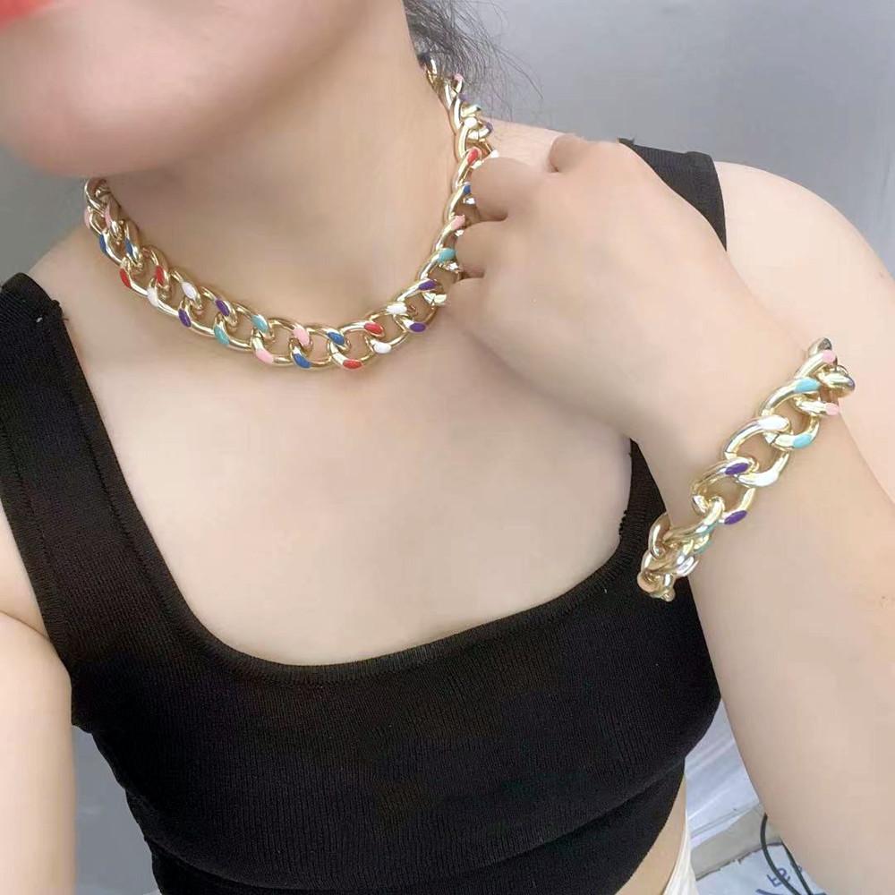 Jewelry Fashion Punk Metal Drip Oil Chain Thick Necklace Simple Color Set Chain Bracelet Necklace