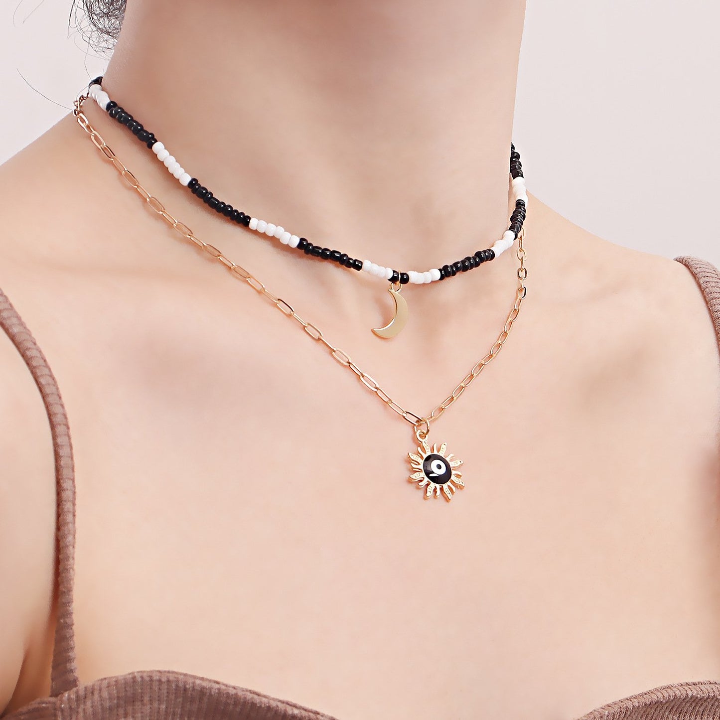 Jewelry bohemian mix and match color rice bead crescent moon devil's eye pendant necklace female