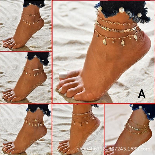 Summer beach multi-layer zircon leaves eight-character pearl anklet sun moon star pattern jewelry