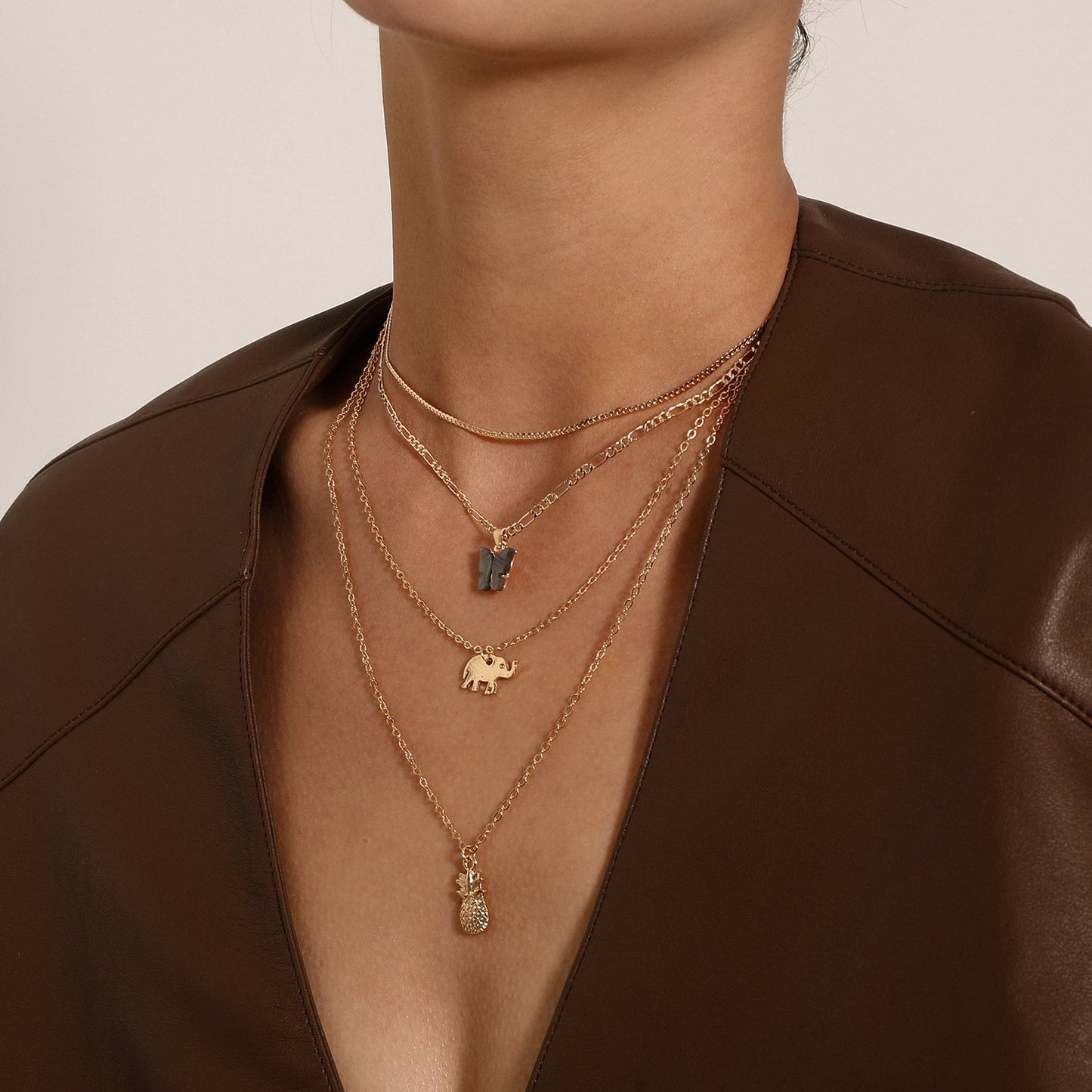 Jewelry Elephant Pineapple Black Butterfly Pendant Necklace Female Personality Multi-layer Temperament Simple Necklace