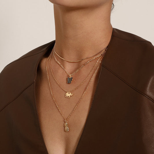 Jewelry Elephant Pineapple Black Butterfly Pendant Necklace Female Personality Multi-layer Temperament Simple Necklace