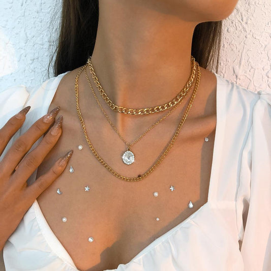 N9692 Multilayer Necklace Geometric Glass Diamond Thick Chain Necklace Fashion Temperament Alloy Necklace