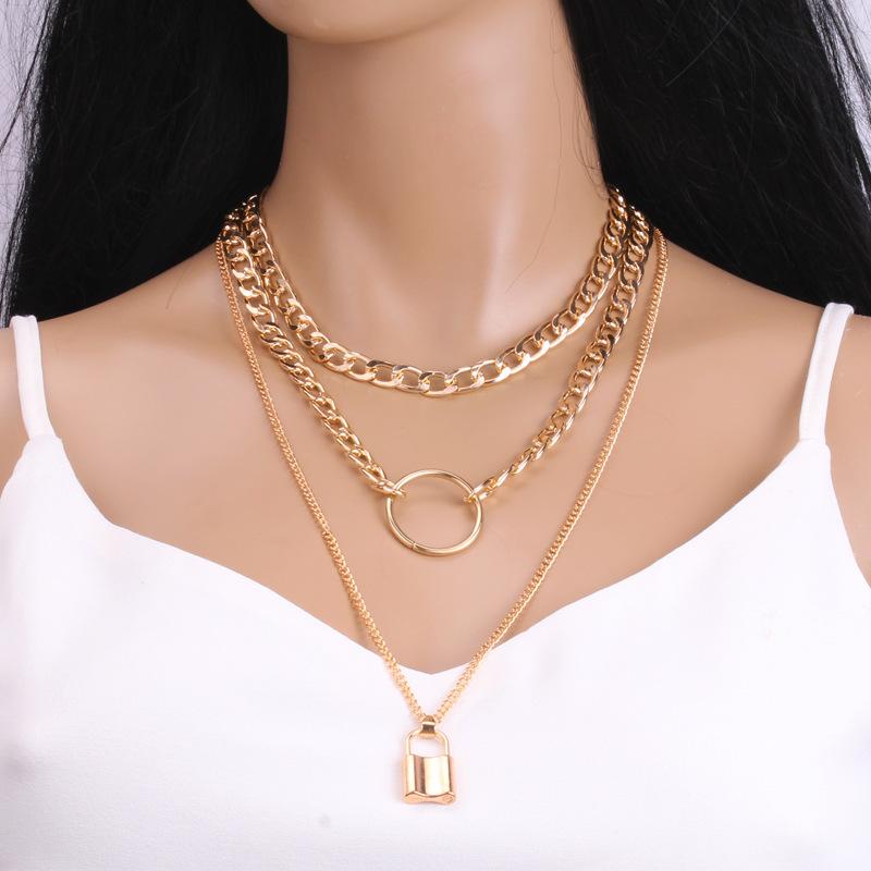 Big-name street shooting popular fashion metal lock pendant multi-layer women's necklace Amazon ring jewelry female