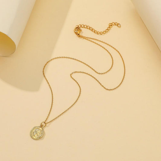 ins retro necklace fashion stainless steel chain real gold plating portrait letter coin clavicle chain