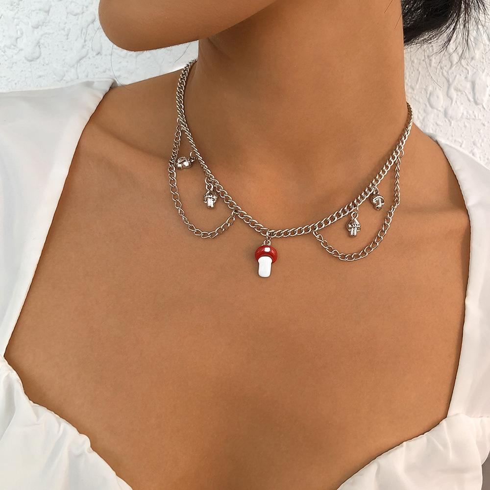 N984 Simple Fashion Necklace Niche Design Mushroom Pendant Necklace Geometric Drip Oil Short Necklace Women
