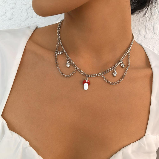 N984 Simple Fashion Necklace Niche Design Mushroom Pendant Necklace Geometric Drip Oil Short Necklace Women