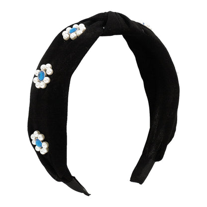 F4525 rhinestone pure color temperament headband imitation pearl niche elegant wide-brimmed fabric knotted going out headband