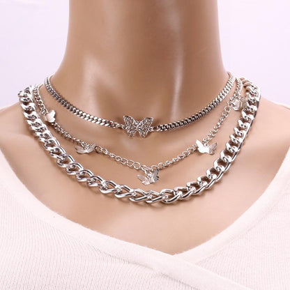 Retro Thick Chain Double Layer Butterfly Pendant Female Geometric Creative Elements Fashion Trend Necklace