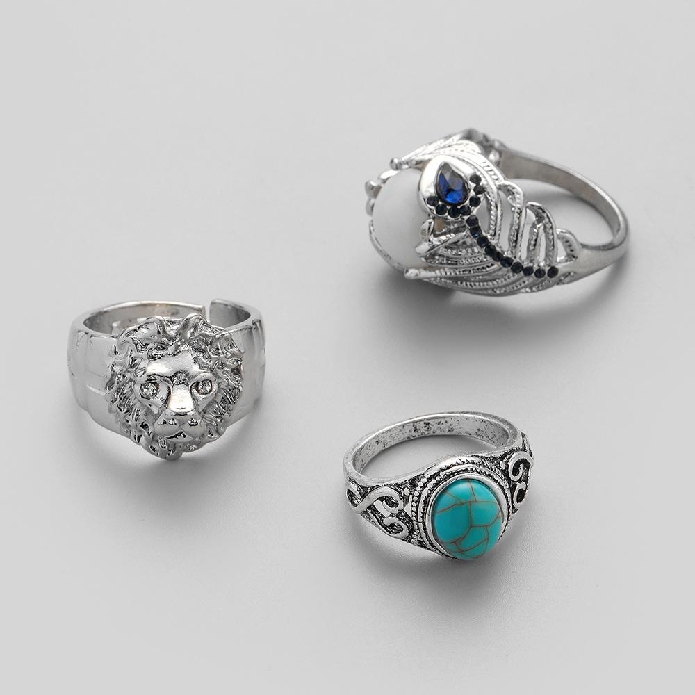 Fashion retro trend personality men's alloy exaggerated lion turquoise peacock feather ring set