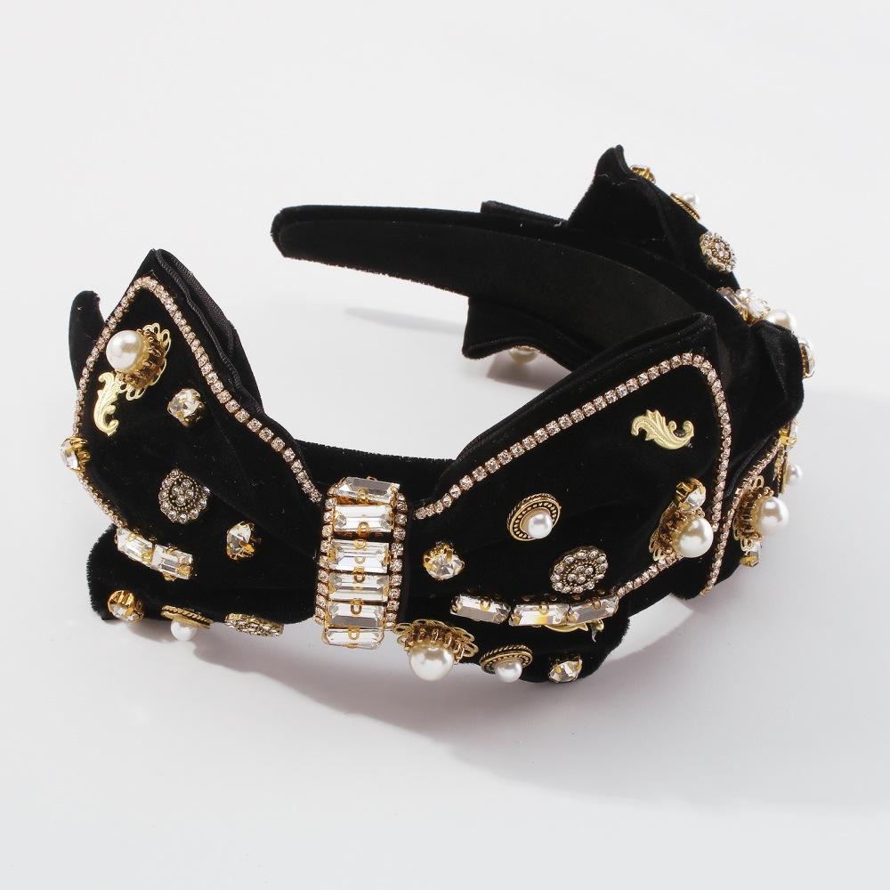 F3571 Big Bowknot Headband Women's Baroque Court Temperament Hair Accessories Elegant Diamond-studded Pearl Hairpins