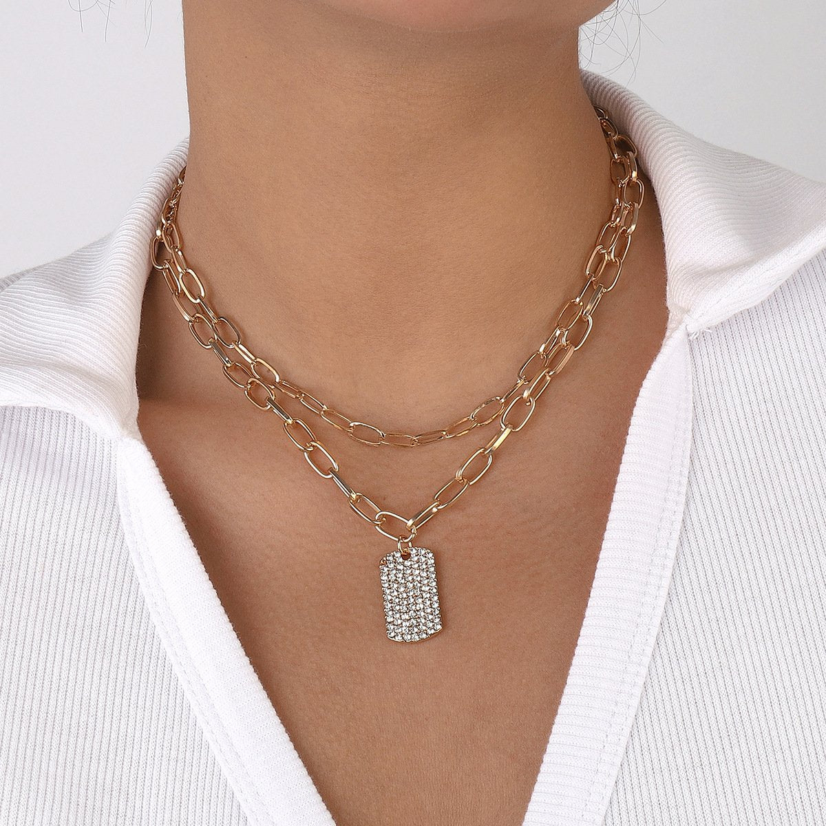 1289 Hip Hop Double Layer Necklace Exaggerated Chain Square Brand Full Diamond Geometric Necklace Literary Personality Necklace