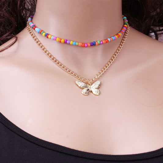 Fashion Jewelry Personality Simple Rice Bead Set Necklace Autumn Alloy Butterfly Necklace Female