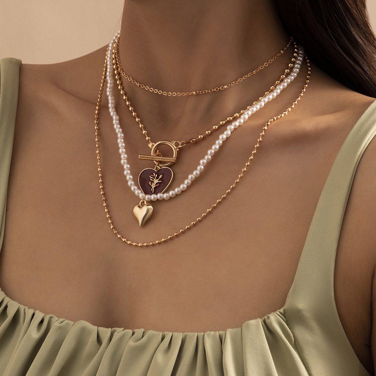 Hip-hop retro personality rose drop nectarine heart necklace female simple imitation pearl heart-shaped necklace