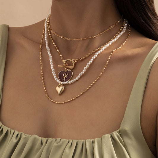 Hip-hop retro personality rose drop nectarine heart necklace female simple imitation pearl heart-shaped necklace