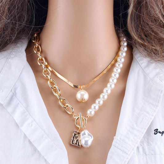 Jewelry Retro Copper Snake Chain Baroque Pearl Portrait Square Necklace Set Chain Female