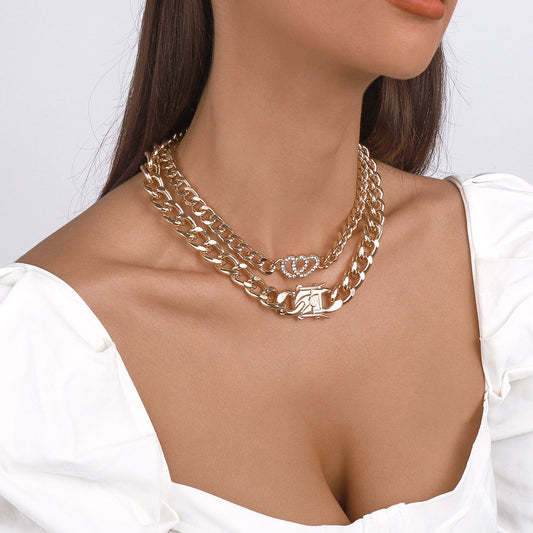 N1424 Exaggerated Thick Chain Personality Necklace Love Retro Punk Hip Hop Fashionable Double Layer Necklace