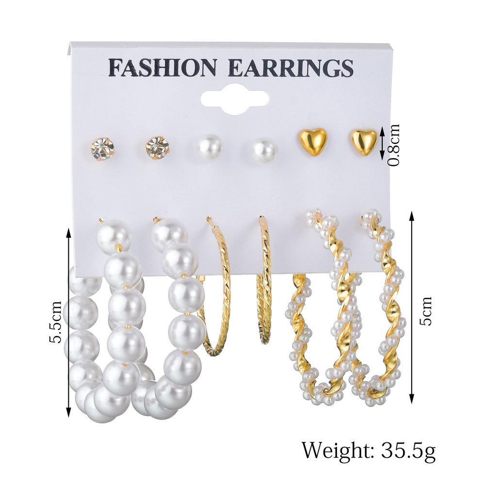 Fashion exaggerated pearl hoop earrings accessories 6 pairs heart diamond stud earrings set