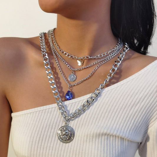 Jewelry heavy industry metal chain sapphire pendant punk lion head pendant butterfly necklace female
