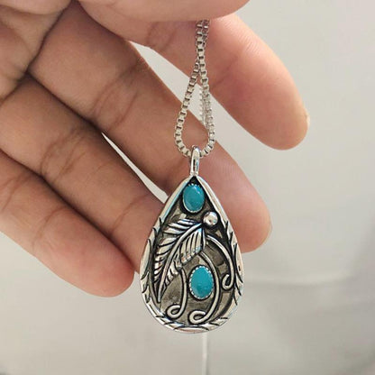Summer Bohemian Vintage Pendant Necklace Women Imitation Turquoise Feather Tag Jewelry
