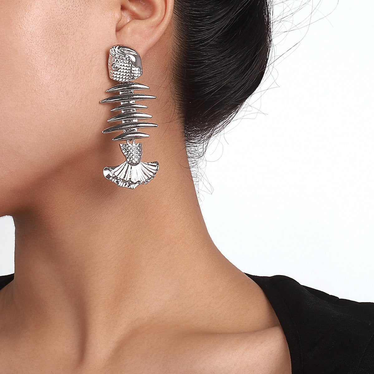 E165 Simple Metal Earrings Women's Creative Fishbone Retro Heavy Industry Earrings Exaggerated Personality Earrings
