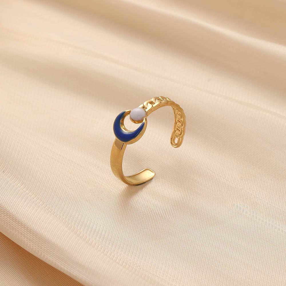 Simple fashion niche ladies stainless steel open chain stripe dripping oil moon adjustable ring