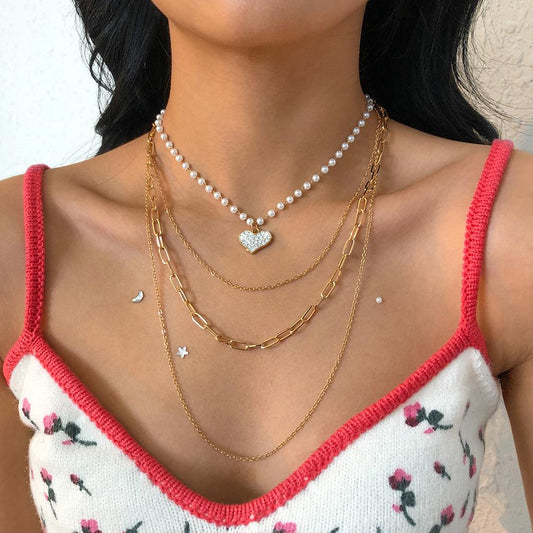 N9685 Fashionable Pearl Necklace Women's Geometric Heart Diamond Multilayer Necklace Personality Simple Street Shot Necklace
