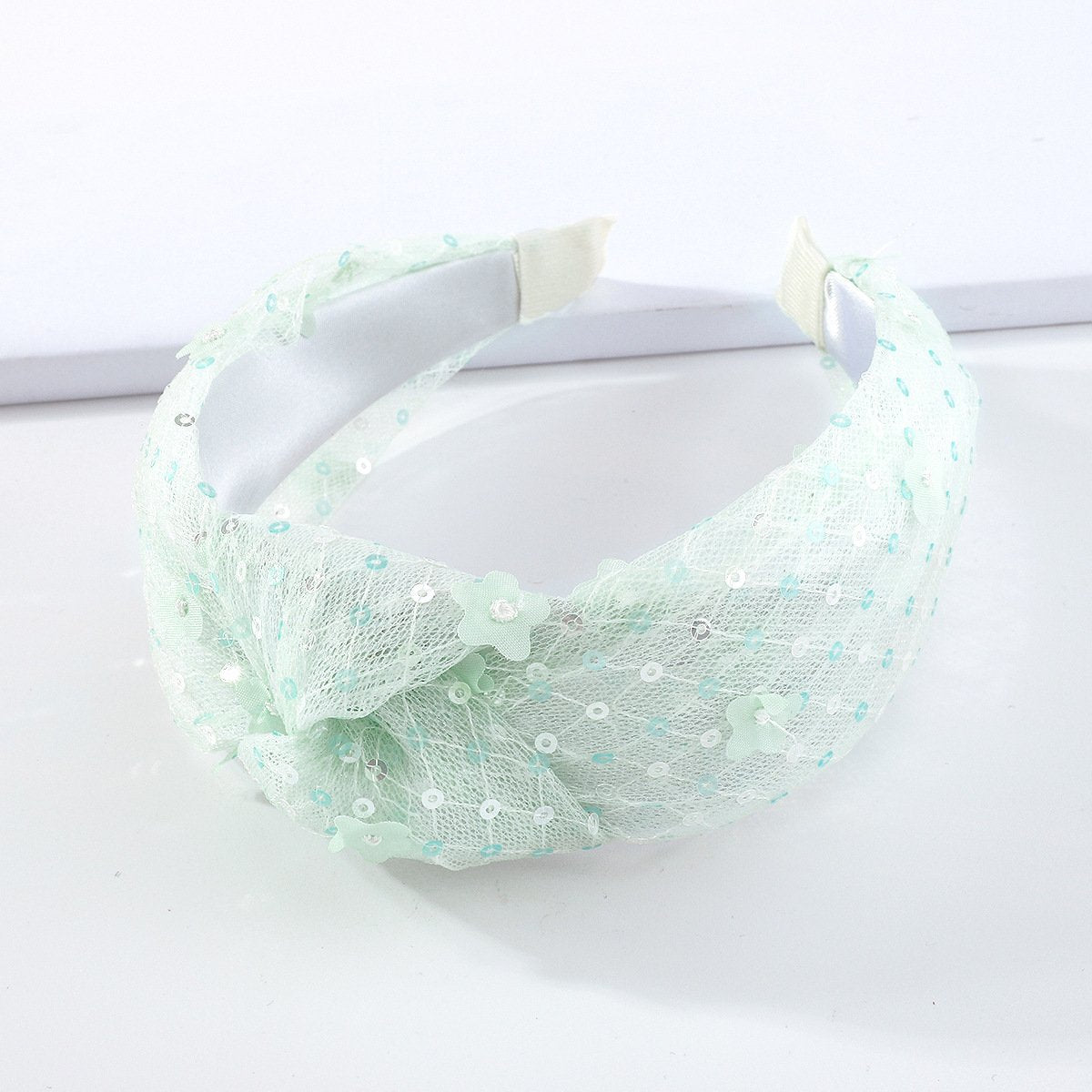 F418 Internet celebrity fashion hair hoop women's net gauze sequins knotted head hoop Mori girl age-reducing flower hair accessories