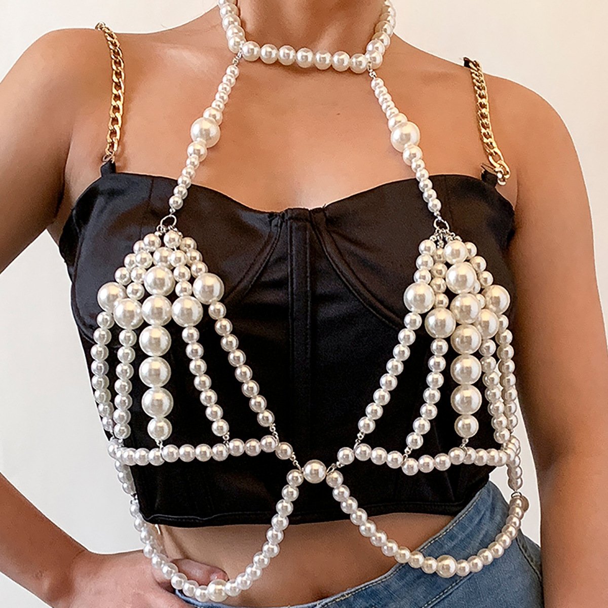 Sexy Vacation Imitation Pearl Bra Dress Chain Trendy Bikini Chain Body Chain Women