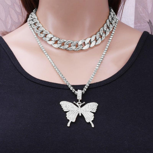 INS fashion butterfly pendant full of zircon hip-hop male and female necklace collarbone chain