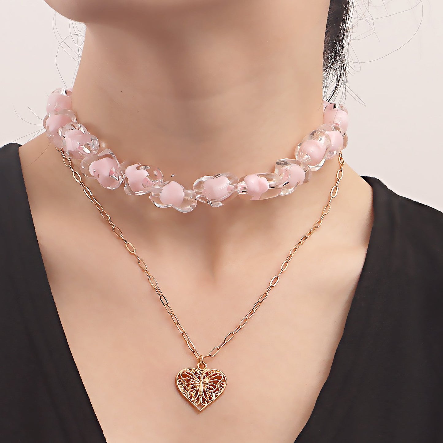 Jewelry ins double-layer pink love beaded necklace female niche design light luxury clavicle chain