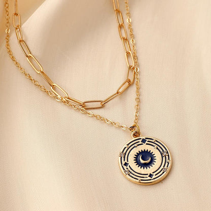 Light luxury niche design fashion trend double-layer round coin galaxy moon oil drop necklace versatile personality female